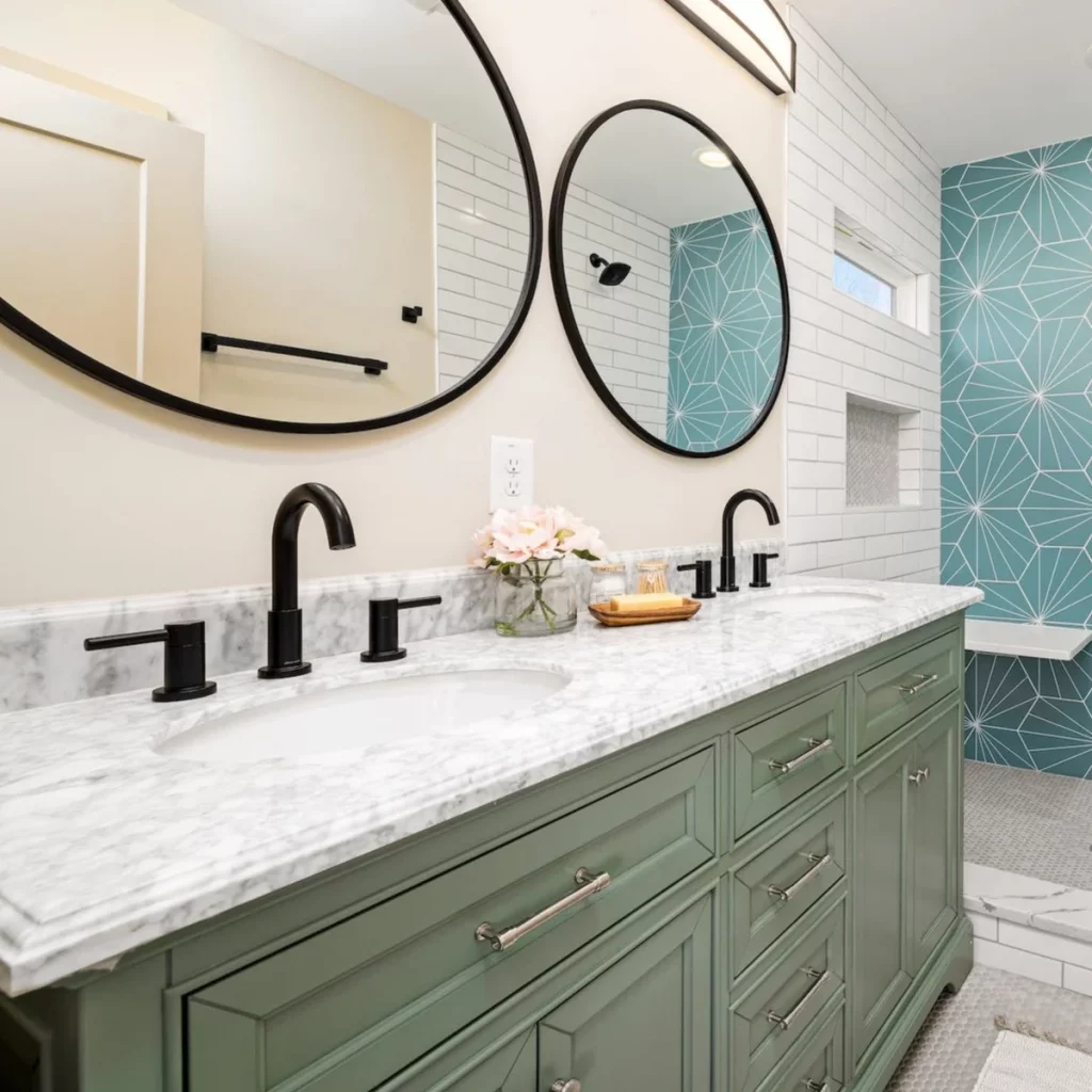 White Quartz Bathroom Countertop WIth Green Units