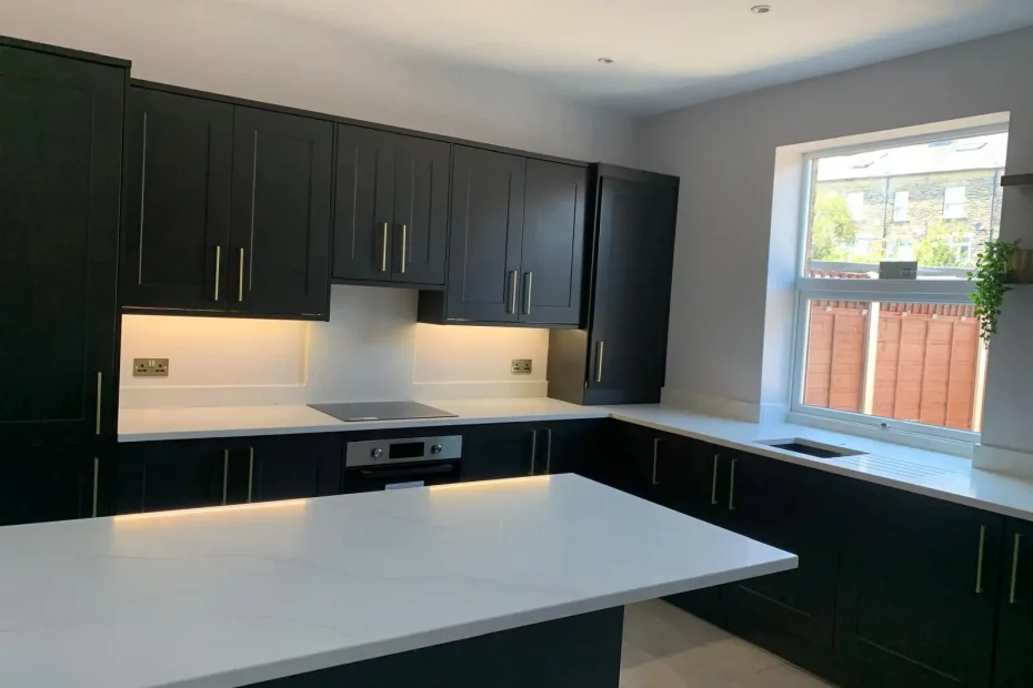 Fusion Calacata Oro Quartz Worktops, Island and Splashback In Kitchen, Halifax