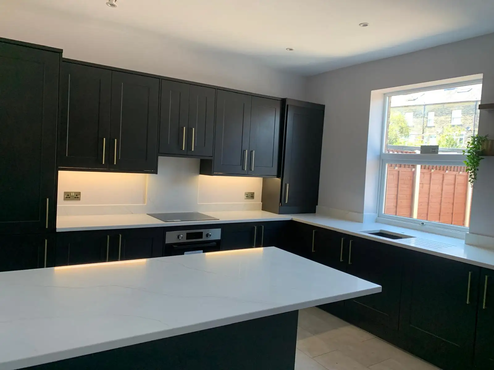 Fusion Calacata Oro Quartz Worktops, Island and Splashback In Kitchen, Halifax