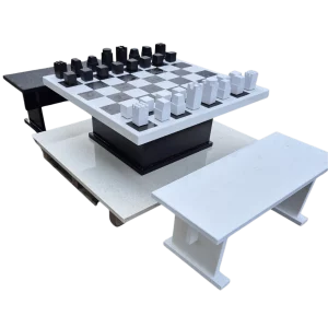 Quartz Chessboard Table - Outdoor Games Table with Matching Black and White Benches
