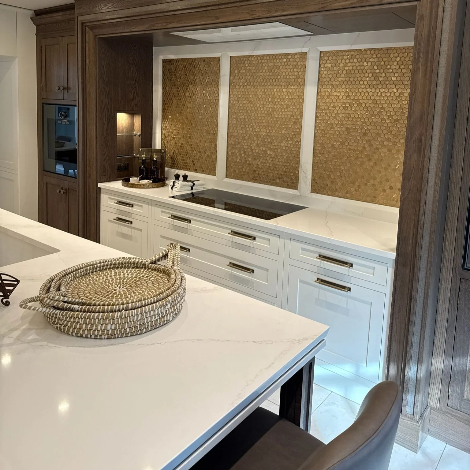 Fugen Tuscany Quartz with Brass Layer Inlay on Kitchen Worktop and Island Surfaces for a kitchen in Yarm - Fitted by Yorkshire Granite and Quartz