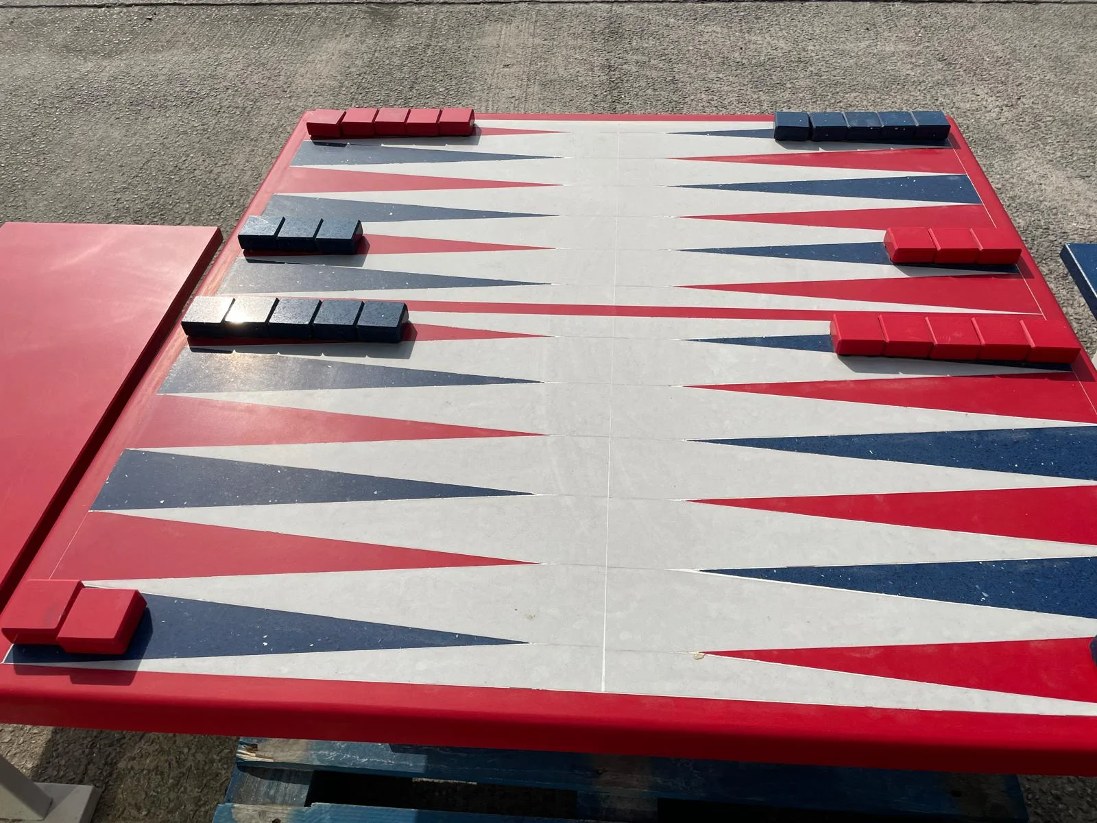 Red, White & Blue Backgammon Garden Games Table with Matching Benches - Quartz Handmade in Yorkshire