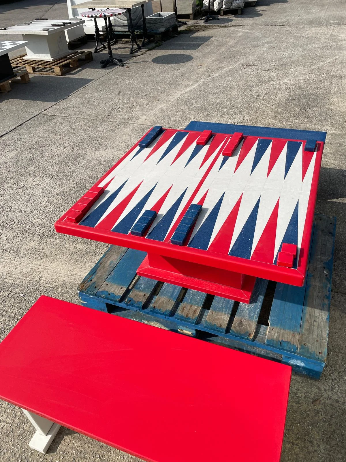 Red, White & Blue Outdoor Backgammon Garden Games Table with Matching Benches - Quartz Stone, Handmade in Yorkshire