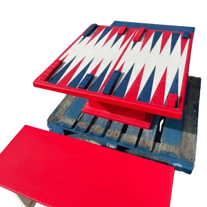 Red White and Blue Outdoor Backgammon Game Table with Matching Benches - Outdoor Games Table in Stone Made in Yorkshire