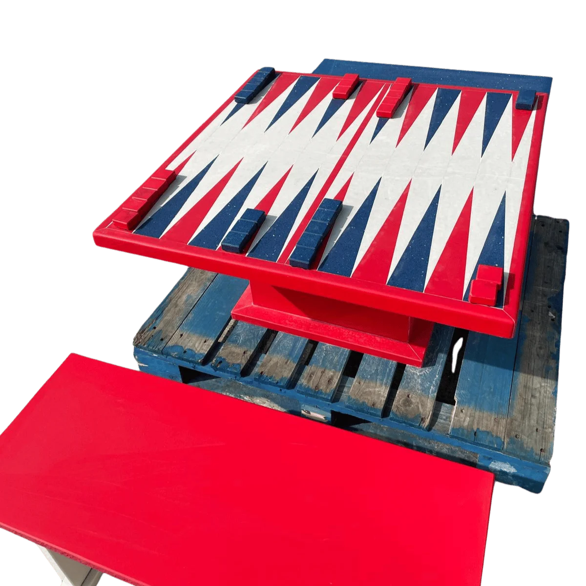 Red White and Blue Outdoor Backgammon Game Table with Matching Benches - Outdoor Games Table in Stone Made in Yorkshire