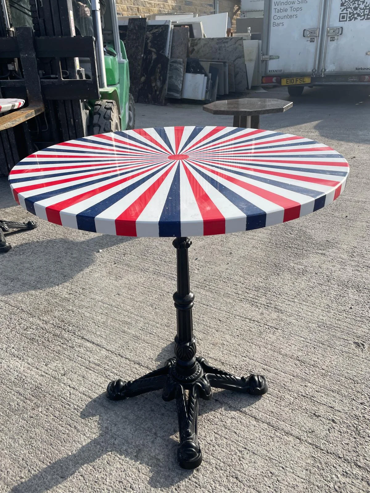 Red, White & Blue Stripes Round Garden Table - Granite and Quartz Stone, Handmade in Yorkshire
